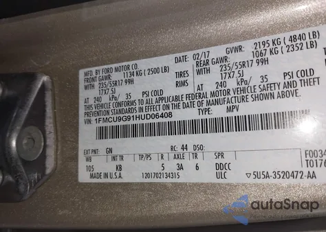 2017 Ford Escape Se from USA, damaged, VIN 1FMCU9G91HUD06408
